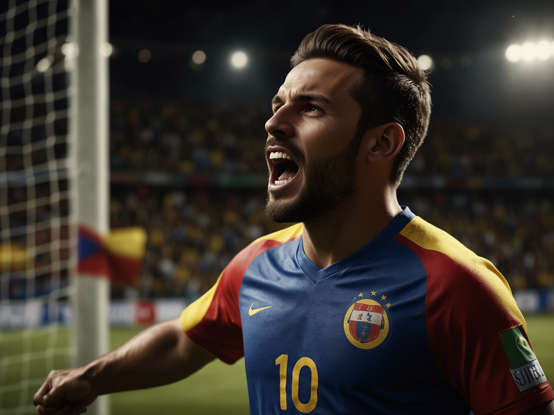 Jugador de fútbol celebrando en estadio con bandera ecuatoriana