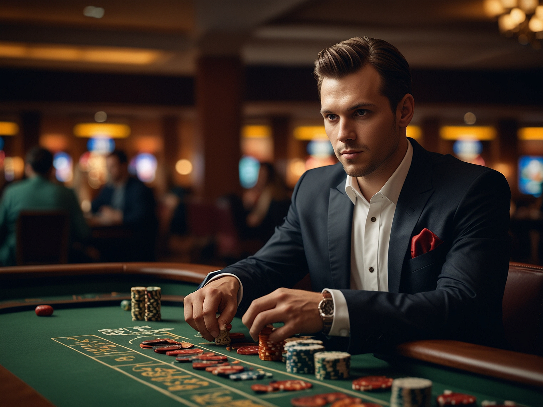 Mesa de casino en vivo y pantalla con partido de fútbol